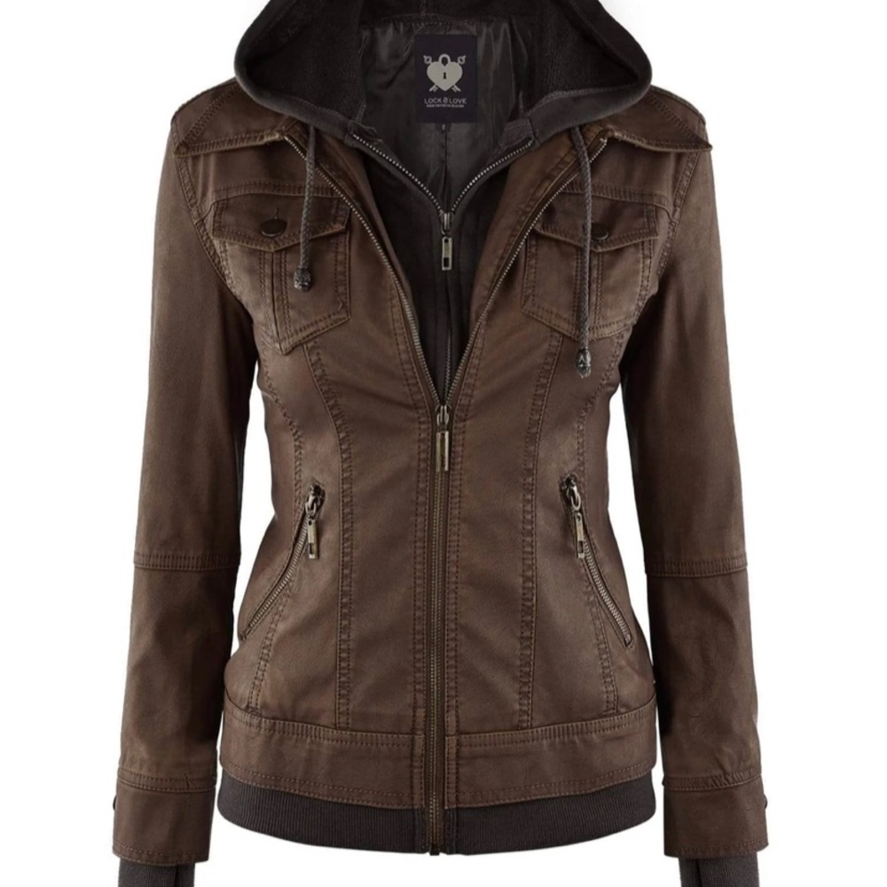 Brown faux leather bomber jacket with hood